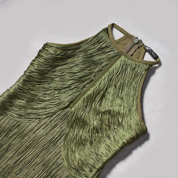 🌿 STUNNING Olive Green Fringe Halter Gown - Flowy Sleeveless Maxi Dress! - Picture 5 of 11